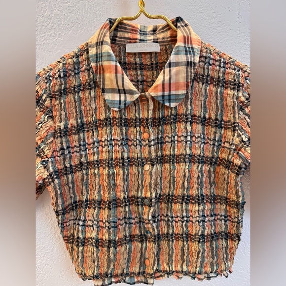 Ulla Johnson Jules Smocked Silk Cotton Collared Crop Top 00 - Picture 3 of 8